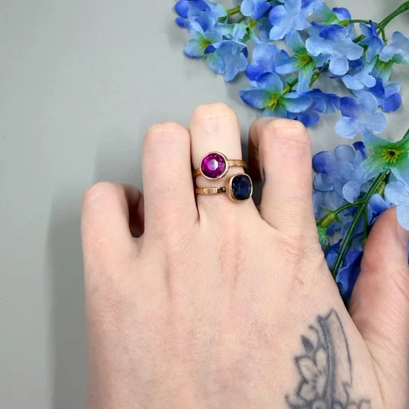 Gold Stackable Set of 2 Station Ring with Fuchsia and Blue Crystals - Picture 2 of 7